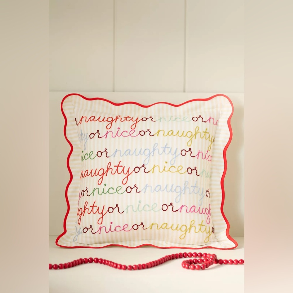Anthro MARLISE EMBROIDERED COTTON HOLIDAY CUSHION Naughty & Nice, 16" X 16"
